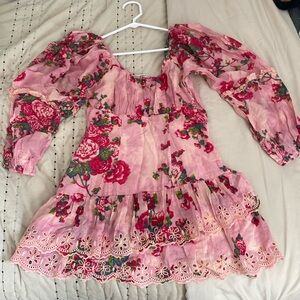 Loveshackfancy pink floral ruffle long sleeve mini dress